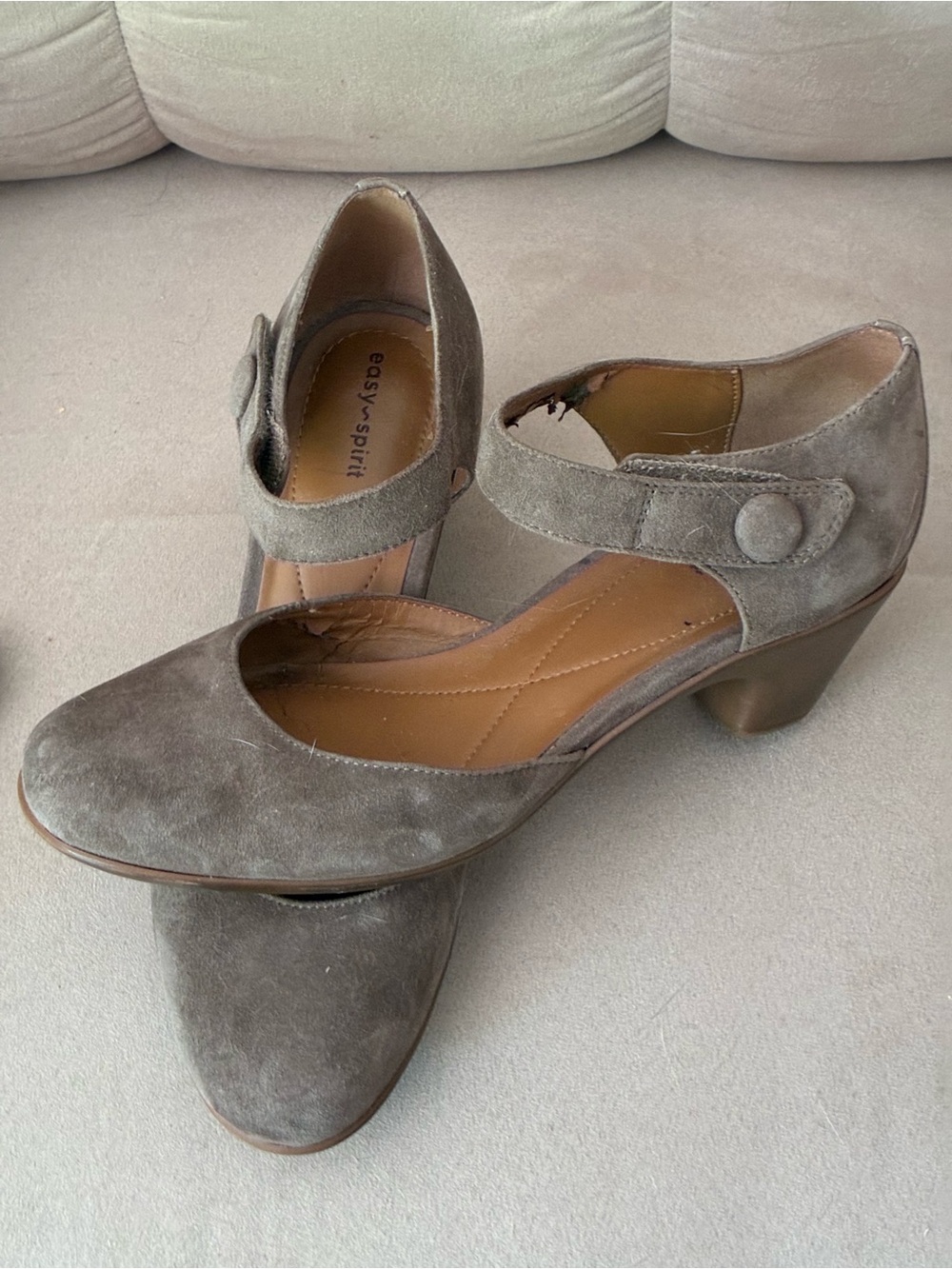 Easy Spirit Gray Suede Mary Jane Heel Pumps. Velcro strap